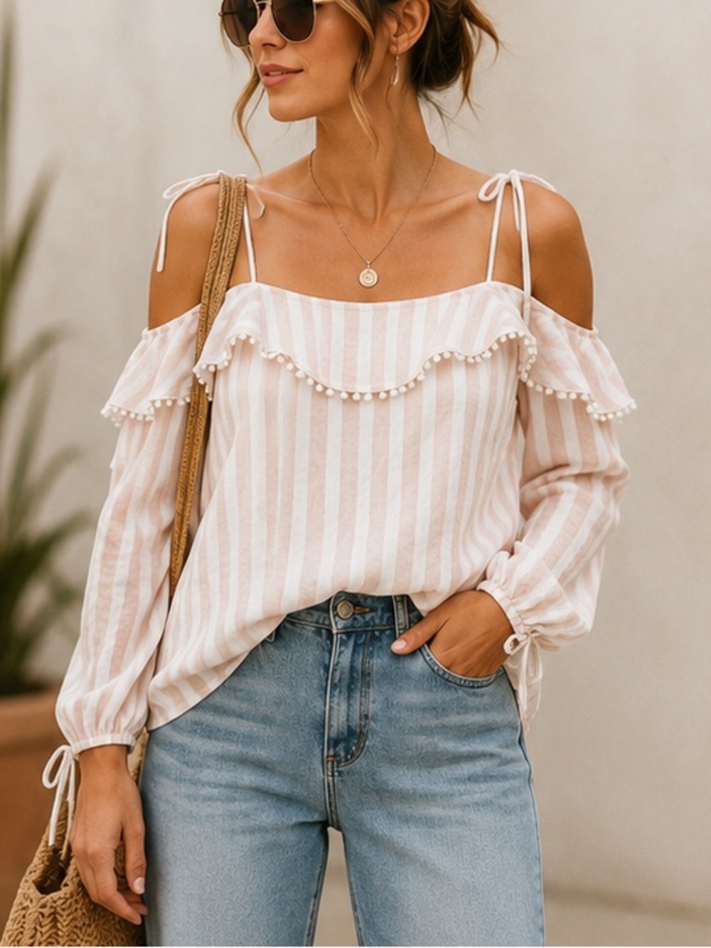 CeCe Pale Blush Striped Cold-Shoulder Blouse with Tassel Ties